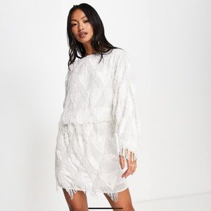 ASOS DESIGN Embellished Fringe Batwing Mini Dress in White | Size 6 | New w/Tags